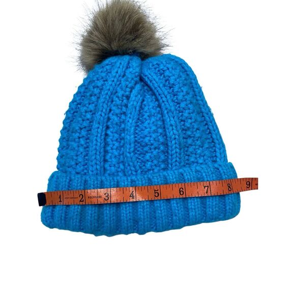 Blue Knit Pom Beanie Faux Fur Lined Winter Hat Cozy Soft Warm Adult Unisex Snow - Picture 6 of 8